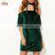 Pictures of Women Velvet Evening Dress Dark Green Off The Shoulder Ruffle Sleeve Velvet Dress With Neck Tie HSD7820