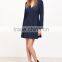 Navy Double Breasted Pleated Hem Dress Polyester Spandex Long Sleeve V Neck Casual Plain Dress