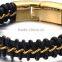 Mens Black Braided Leather Bracelet Interwoven with Gold Curb Chain in Stainless Steel