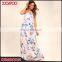 Light peach colored floral print splicing lady dress spaghetti strap long women maxi dress