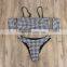 2019 Europe and the United States new bikini chest pad gather solid color female swimsuit with sleeves word shoulder plaid sexy