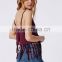 Fringed plain wine red ladies plain crop top, spaghetti strap cami fringed crop top wholesale for ladies.