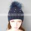 Navy raccoon fur pearls knit hat women fashion pom pom hat