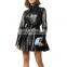 TWOTWINSTYLE Dress women Lapel Long Sleeve Lace Up Ruched Black Patchwork Bowknot Leather