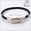 Wholesale Leather Cuff Bracelet Made of Black Leather with Shining Diamond Stainless Steel Clasp
