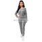 Hot sale wholesale solid color v neck tops and pants two piece set with zipper fall winter women's tracksuit