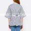 Hot sale sexy V Neck design 1/2 Sleeve Tops kimono style Cotton Blue Striped Women Casual blouse With Self-tie waist belt