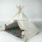 Pet Teepee Tent for Dogs Cats Portable Foldable Cotton Canvas Pets House Bed for Rabbit Puppy 4 Poles Pine Wooden with Floor Whi