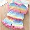 Summer girl cool rainbow embroidered butterfly edge short sleeved shorts set