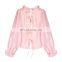 TWOTWINSTYLE Ruffles Patchwork Women's Shirt Stand Collar Puff Sleeve Perspective Loose Summer