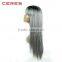 Silk Straight Ombre Silver Grey Synthetic Lace Front Wig Glueless Two Tone Natural Black/Grey Heat Resistant Hair Wigs For Women