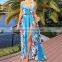 Fashion 2016 Summer Lady Long Boho Beach Tank Dress Blue Floral Print Sleeveless Sash Side Slip Maxi Tunic Women Dresses sexy