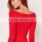 Red Opening Soulder Raglan Sleeve Bodysuit Cotton Blends Long Sleeve Sexy Plain Sweater