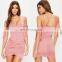 Sexy Pink Tie Sleeve Ruched Hem Bodycon Dress with Plunge Neckline