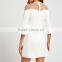 Elegant Round Neck Mesh Shoulder 3/4 Length Bell Sleeve Embroidered Women Sexy Mini Dress