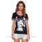custom casual short sleeve round neck plain black t shirt print for women