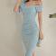 One Shoulder Blue Midi Dress Party Short Sleeve Solid Dress