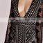 New lace long sleeve plunge bodycon dress black/nude