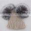 Myfur Classical Beige Color Ribbed Knitting Hat with Luxury Silver Fox Fur Pom Poms