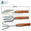 Green product hand holding wooden handle garden tool set