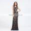 V-241-1 black lace with nude knit and 1/2 round neckline sleeveless full length 2016 prom dress party dress