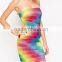 2016 Rayon Elastic Knitted Bandeau Bandage Festival Rainbow Dress Off Shoulder Silm Bodycon Mini Dress