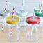 Handled Tumbler Mug 500ml Size Round Shape Glass Mason Jar Daisy Lid With Straws