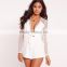 HAODUOYI Women White Lace Long Sleeve Deep V Neck Tie Front Playsuit