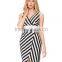 Slim fit v neck stripe print clothing wholesale lady dress cotton design