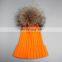 Fur pom pom raccoon animal fur knit hats girl bobble hats wholesale