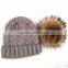 Myfur Light Grey Popular Design Cable Knit Hat with Removable Raccoon Fur Pom Pom