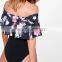 MiKa72155 2017 Women Summer Sexy Printed Rruffle Bardot Bodysuit