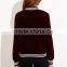 MGOO Women Burgundy Velvet Bomber Jacket With Striped Trim Plain Baseball Jacket Zipper Closure