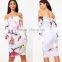 Ruffle flare sleeve digital floral print off shoulder bodycon bardot dress