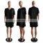 Wholesale 2 piece plain v neckBat sleeve split tshirt and shorts set for women