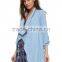 Woman sky bule water fall neck long sleeve fashion casual denim trench coat