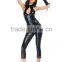 Best selling hot black romper cropped trousers open bust sexy leather catwoman costume