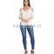 Women Fashion Plain Dyed Cotton Cold Shoulder Peasent Top White Tops White Blouse Short Sleeve