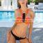 Polyester Bikini flexible backless two piece hollow padded skinny style patchwork Solid orange Sold By Set