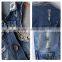 Wholesale 2016 custom OEM dark blue beaded sleeveless women denim jacket with holes