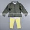 Wholesale Children clothing army green jacket stripe tee shirt and yellow pants 3 pieces sets