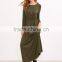 Hot Selling Elegance Women Long Sleeve Dress Army Green Elastic Waist Maxi Dress Round Neck Cotton Spandex Dress