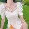 Super fairy French square collar white dress 2021 new summer bubble sleeves shoulder clavicle first love dress woman