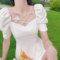 Super fairy French square collar white dress 2021 new summer bubble sleeves shoulder clavicle first love dress woman