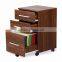 PCP108 3 Drawers Moveable Wood Filing Cabinet Walnut