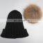 Wholesale mens knitted plain beanie hat with fur pom pom