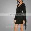 Casual V Neckline Plain Black Tops Faux Suede Fringe Trim Dress Women Dresses