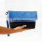 Ladies Latest Design Clutch Purses Blue Suede Leather Zipper Clutch Wristlet Bag