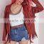 2015 Women Winter Long Sleeve Red Fringe Faux Suede Jacket