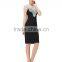 New arrival Women evening wear sleeveless navy blue bodycon dress with lace trims